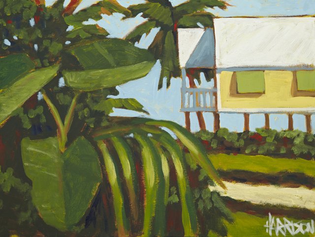 William Harrison, "House of Pilings," 20th c., oil on c: William Harrison, "House of Pilings," 20th c., oil on canvas, unframed, H.- 18 in., W.- 24 in.