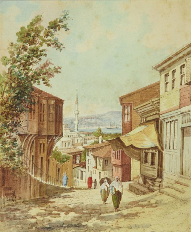 Middle Eastern School, "Street Scene Overlooking the Ha: Middle Eastern School, "Street Scene Overlooking the Harbor," early 20th c., watercolor, framed, H.- 11 1/2 in., W.- 9 1/2 in.