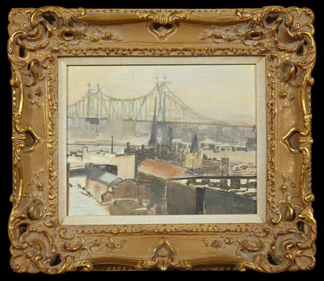 Jane Simpson, "Queensboro Bridge, New York City," 20th: Jane Simpson, "Queensboro Bridge, New York City, After Light Snow," 20th c., oil on board, signed and titled verso, framed, H.- 8 in., W.- 10 in.