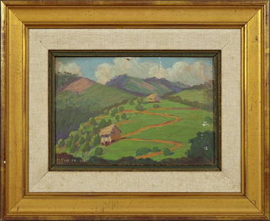 Miguel Pou (Puerto Rico), "Houses on the Hills," 1936,: Miguel Pou (Puerto Rico), "Houses on the Hills," 1936, oil on board., signed and dated l.l., framed, H.- 6 in., W.- 8 1/2 in.