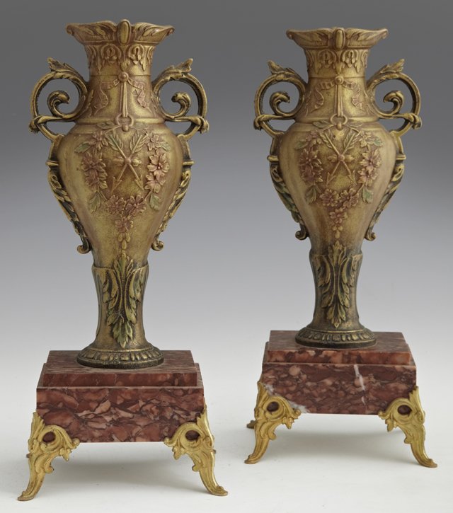 Pair of Louis XV Style Patinated Spelter Garniture Vase: Pair of Louis XV Style Patinated Spelter Garniture Vases, 19th c. 1880, with relief decoration of crossed arrows and flowers, on highly figured rouge marble bases, with gilt bronze cabriole legs, H.- 