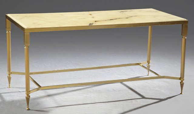 Louis XVI Style Brass Marble Top Coffee Table, 20th c.,: Louis XVI Style Brass Marble Top Coffee Table, 20th c., the figured yellow marble on reeded tapered legs to a lower mirror shelf, H.- 17 1/2 in., W.- 37 3/4 in., D.- 18 in.