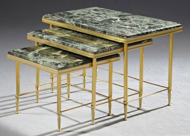 Group of Green Marble Top Brass Nesting Tables, 20th c.: Group of Green Marble Top Brass Nesting Tables, 20th c., the verde antico marbles on reeded tapered legs, largest- H.- 14 1/2 in., W.- 21 3/4 in., D.- 13 1/4 in.