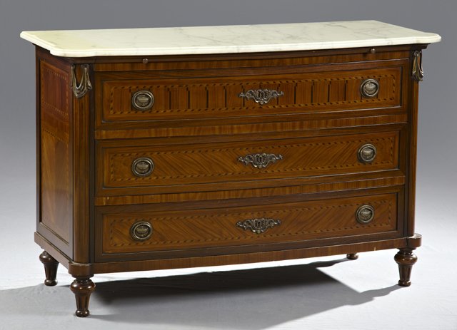 Louis XVI Style Inliad Ormolu Mounted Mahogany Marble T: Louis XVI Style Inlaid Ormolu Mounted Mahogany Marble Top Chest, early 20th c., the cookie corner ogee edge white marble on a base with three drawers, the drawer fronts and chest sides with parquetry 