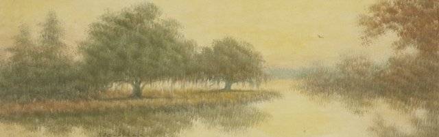 Alexander J. Drysdale (1870-1934)," Moss Draped Oaks,": Alexander J. Drysdale (1870-1934)," Moss Draped Oaks," early 20th c., oil wash on board, pencil signed l.l., framed, H.- 9 3/4 in., W.- 29 1/2 in.