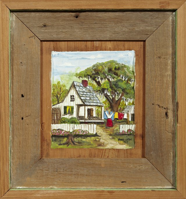 Henry Watson, "Wash Day," 2002, oil on relief carved cy: Henry Watson, "Wash Day," 2002, oil on relief carved cypress panel, in a cypress frame, H.- 8 3/4 in., W.- 7 3/4 in.