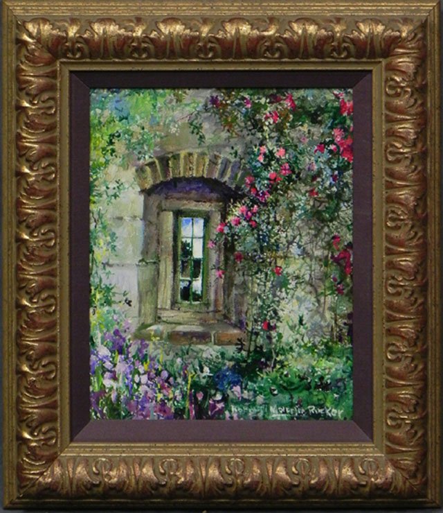 Robert M. Rucker (1932-2000), "Window on the Garden," 2: Robert M. Rucker (1932-2000), "Window on the Garden," 20th c., oil on board, signed l.r., framed, H.- 9 1/2 in., W.- 7 1/2 in.