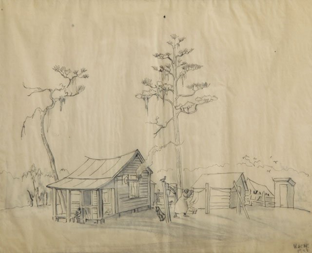 Victoria Hutson Huntley ( 1900-1971), "Southern Rural C: Victoria Hutson Huntley ( 1900-1971), "Southern Rural Cabin Scene," 1949, graphite, pencil signed "V.H.H." and dated l.r., framed, H.- 10 3/4 in., W.- 13 1/4 in.