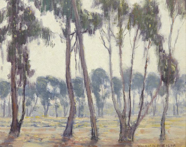 William Posey Silva (1859-1948), "Row Eucalyptus, Calif: William Posey Silva (1859-1948), "Row Eucalyptus, California Evening", early 20th c., oil on canvas laid down on board, signed l.r., artist's label verso, framed, H.- 8 in., W.-10 in.