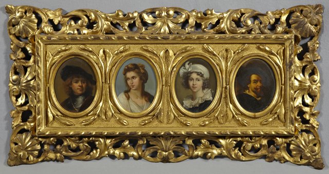 Group of Four Oval Portraits, 19th c., oils on board, a: Group of Four Oval Portraits, 19th c., oils on board, after the originals, presented in an ornate pierced gold leaf and gesso frame, verso with a label for Costa & Conti Gallery of Paintings, Florence