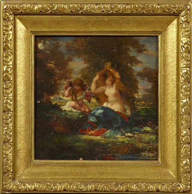 William Perkins Babcock (1826-1899), "The Toilette of V: William Perkins Babcock (1826-1899), "The Toilette of Venus, with Cupid Holding a Mirror and Flower-Garland", 19th c., oil on board, signed l.l., presented in an American Arts and Crafts Gilded frame,