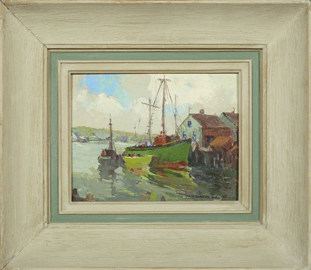 Nell Walker Warner (1891-1970, California), "Ships in G: Nell Walker Warner (1891-1970, California), "Ships in Gloucester Harbor," c. 1953, oil on board, signed l.r., verso with the exhibition catalog, May, 1953, from the purchase of this painting, framed,