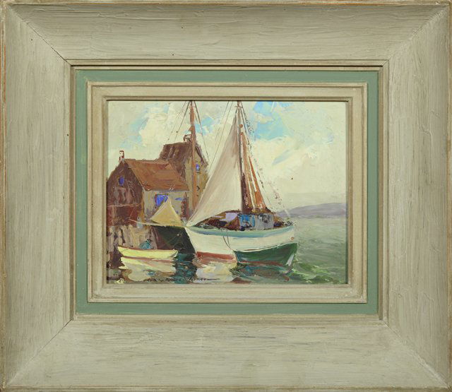 Nell Walker Warner (1891-1970, California), "Fishing Bo: Nell Walker Warner (1891-1970, California), "Fishing Boats Burford's Landing, Gloucester," c. 1953, oil on board, signed and titled verso on the artist's card, framed, H.- 7 in., W.- 9 in.