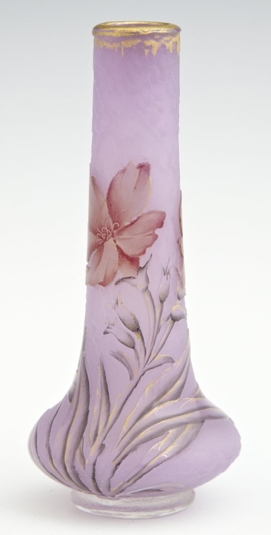 Diminutive Daum Nancy Cut Glass Bottle Form Vase, late: Diminutive Daum Nancy Cut Glass Bottle Form Vase, late 19th c., with gilt and enameled floral decoration, H.- 4 7/8 in., Dia.- 2 1/8 in.