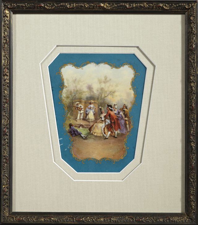 Mardi Gras- Octagonal Hand Painted Sevres Style Plaque,: Mardi Gras- Octagonal Hand Painted Sevres Style Plaque, signed M. Carrie, 1927, Krewe of Mystic, with a scene of lovers in a French garden, having been the back of a hand mirror Mardi Gras favor, now