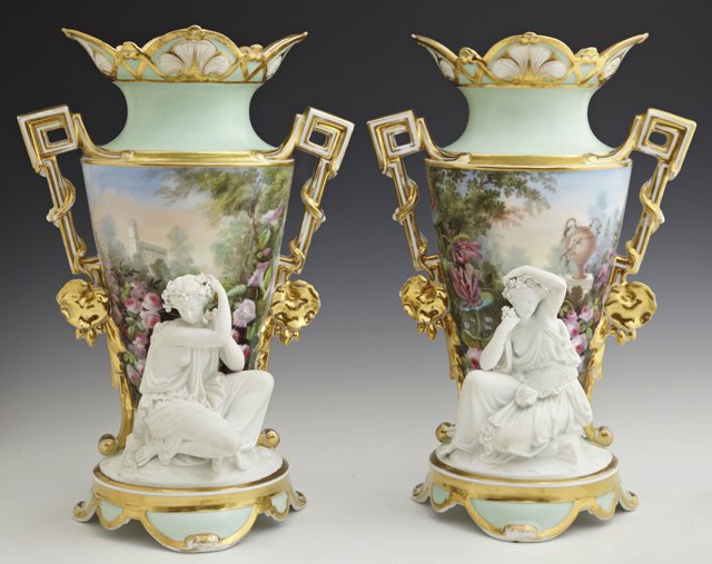 Fine Pair of Paris Porcelain and Biscuit Two-Handled Ga: Fine Pair of Paris Porcelain and Biscuit Two-Handled Garniture Vases, 19th c., attributed to the manufactory of Gille Jeune, each glazed, polychromed and parcel-gilt vase with a crouched classical bac