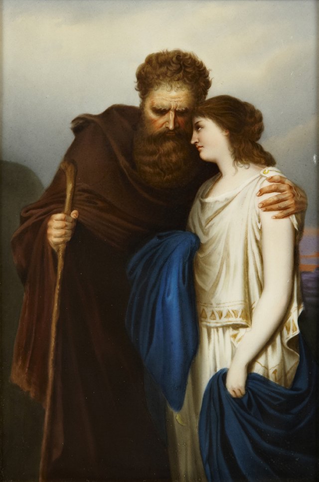 KPM Porcelain Plaque, 19th c., of Oedipius and Antigone: KPM Porcelain Plaque, 19th c., of Oedipus and Antigone, after Emil Teschendorff (1833-1894), verso marked "KPM" twice, and titled "Oedipus and Antigone nach E. Teschendorff," framed, H.- 8 1/2 in., W.