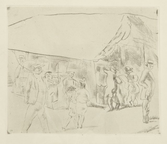 Jules Pascin (1885-1930), "Miami Street Scene," early 2: Jules Pascin (1885-1930), "Miami Street Scene," early 20th c., etching, shrink wrapped, H.- 7 in., W.- 8 1/4 in.