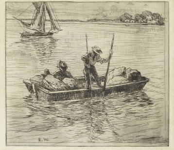 Ellsworth Woodward (1861-1939), "Oyster Fishing," 20th: Ellsworth Woodward (1861-1939), "Oyster Fishing," 20th c., etching, framed, H.- 7 1/4 in., W.- 8 3/8 in.