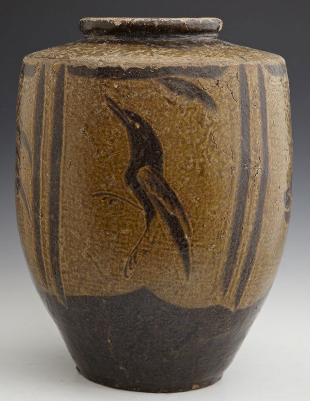 Chinese Glazed Earthenware Baluster Storage Jar, 19th c: Chinese Glazed Earthenware Baluster Storage Jar, 19th c., with incised bird and floral decoration, H.- 14 1/2 in., Dia.- 10 3/4 in.