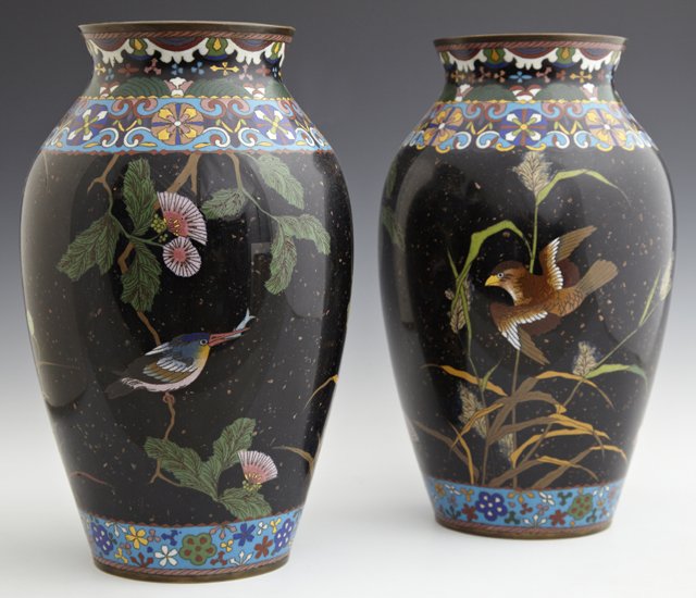 Pair of Japanese Cloisonné Vases, Meiji Period (1868-19: Pair of Japanese Cloisonnï¿½ Vases, Meiji Period (1868-1912), each baluster body decorated with a continuous night scene with birds, flowering lotus, pine, and millet, the jet black ground sprinkle