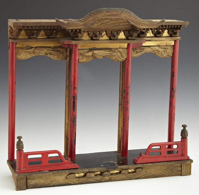 Oriental Black and Gilt Wood Model of a Temple Gate, la: Oriental Black and Gilt Wood Model of a Temple Gate, late 19th c., on a pierce carved base, H.- 15 in., W.- 16 in., D.- 5 in.