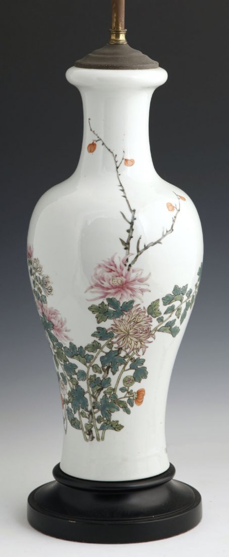 Oriental Porcelain Baluster Vase, early 20th c., with f: Oriental Porcelain Baluster Vase, early 20th c., with floral and leaf decoration, now mounted on an ebonized wood base as a lamp, H.- 18 in., Dia.- 7 in.