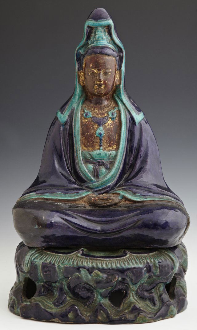 Oriental Glazed Earthenware Seated Buddha, 19th c., on: Oriental Glazed Earthenware Seated Buddha, 19th c., on a conforming pierced relief decorated stand, having been Lot 163 in an I. M. Chait auction, H.- 18 1/2 in., W.- 10 3/4 in., D.- 7 1/4 in.