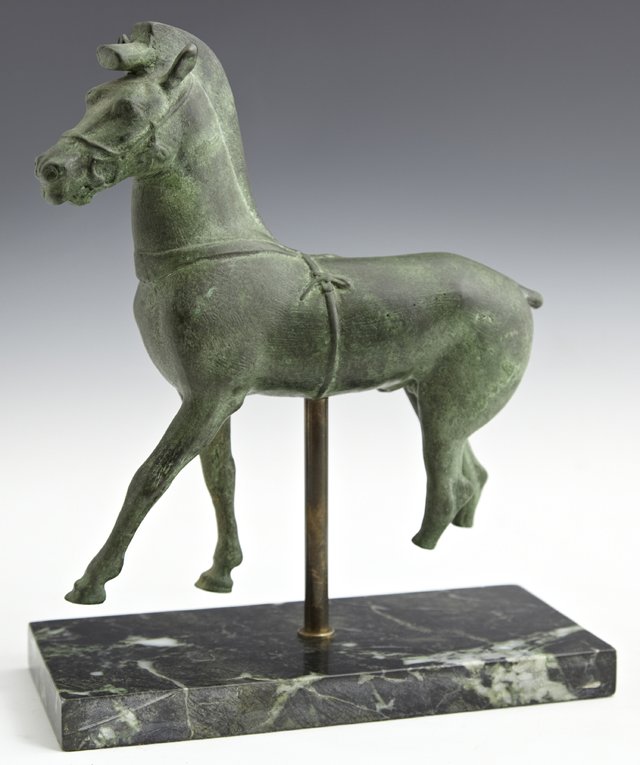 "Grand Tour" Patinated Bronze Figure of a Harnessed Hor: "Grand Tour" Patinated Bronze Figure of a Harnessed Horse, early 20th c., after the ancient Etruscan model, presented on a slab base of satin-polished dark verde antico marble, H.- 10-1/2 in., W.- 8 3