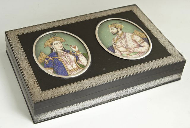 Indian Silver Damascened Desk Box, late 19th c., the li: Indian Silver Damascened Desk Box, late 19th c., the lid centered with two large oval portrait miniatures on ivory, of Shah Jahan, builder of the Taj Mahal, and his second wife Mumtaz Mahal, in inset