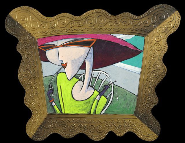 Antonio Prohias (1921-1998), "Abstract Woman in Sunglas: Antonio Prohias (1921-1998), "Abstract Woman in Sunglasses," oil on masonite, 20th c., presented in an integral relief decorated butterfly form frame, H.- 22 1/4 in., W.- 26 3/4 in. Note: Prohias was