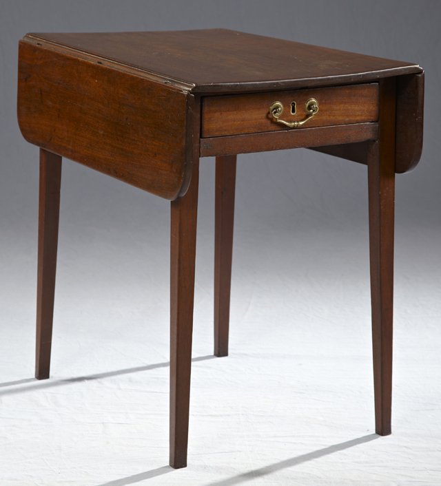 Diminutive English Carved Mahogany Drop Leaf Lamp Table: Diminutive English Carved Mahogany Drop Leaf Lamp Table, early 19th c., with one end drawer, the whole on tapering square legs, H.- 27 in., W.- 28 1/2 in., D.- Closed- 18 in., Open- 32 1/2 in.