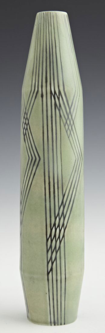 Tall Rorstrand Pottery Vase, 20th c., Sweden, with inci: Tall Rorstrand Pottery Vase, 20th c., Sweden, with incised line decoration, the bottom signed "CHS," H.- 9 7/8 in., Dia.- 2 in.