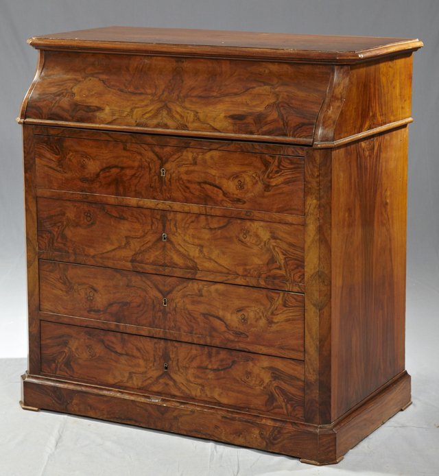 Louis Philippe Carved Walnut "Chemin de Fer" Washstand,: Louis Philippe Carved Walnut "Chemin de Fer" Washstand, c. 1850, with chamfered edges, the cantilevered lid with an interior mirror, which when lifted, causes the marble top and splash interior to sli