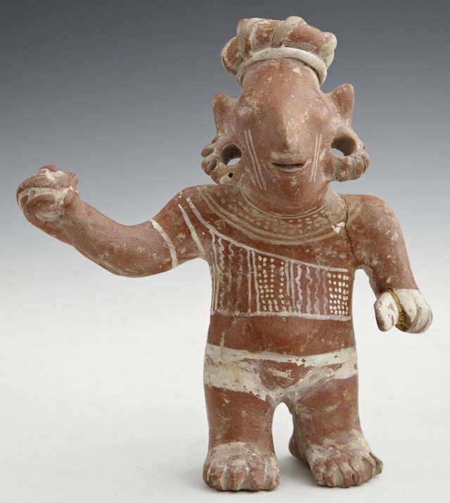 Jalisco Culture Standing Male Terracotta Figure, c. 100: Jalisco Culture Standing Male Terracotta Figure, c. 100 B.C- A.D. 250, of a man holding a ball, with original paint decoration, H.- 9 in., W.- 8 1/4 in., D.- 3 7/8 in.
