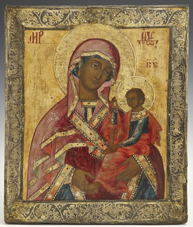 Icon of the Mother of God, c. 1800, Shuyu-Smolenskaya,: Icon of the Mother of God, c. 1800, Shuyu-Smolenskaya, with a silvered relief decorated basma, egg tempera on board, H.- 12 in., W.- 10 in.