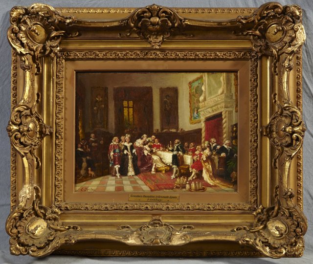 Continental School, "Grandee's Reception in Granada, Sp: Continental School, "Grandee's Reception in Granada, Spain", late 19th/early 20th c., in the manner of Eugene Isabey (1803-1886), oil on board, bearing misspelled signature inscription at l.l., framed