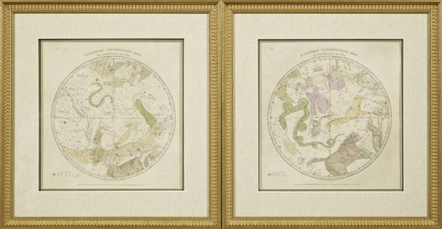 Two Celestial Maps, titled Northern and Southern Circum: Two Celestial Maps, titled Northern and Southern Circumpolar, engraved by W. G. Evans, published by Huntington, 1832, hand colored, framed, H.- 14 1/2 in., W.- 14 1/4 in.