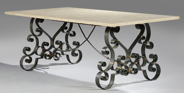 Marble Top Conservatory Table, early 20th c., the highl: Marble Top Conservatory Table, early 20th c., the highly figured brown marble on an open scrollwork iron trestle base joined by iron supports, H.- 28 1/4 in., W.- 78 1/2 in., D.- 37 1/4 in.