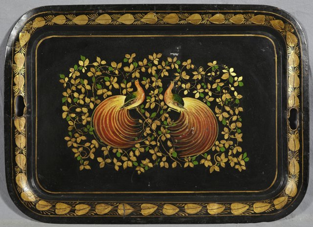 Large Hand Painted Tole Tray, late 19th c., with polych: Large Hand Painted Tole Tray, late 19th c., with polychrome and gilt bird and floral decoration, with a gilt leaf decorated border, H.- 21 1/2 in., W.- 30 in.