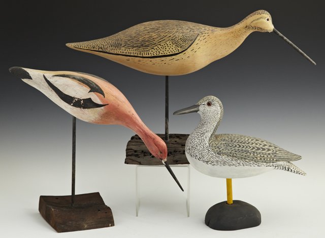 Group of Three Carved Wooden Shorebirds, 20th c., two b: Group of Three Carved Wooden Shorebirds, 20th c., two by H. Howard and one by Laurent Verdin. (3 Pcs.)