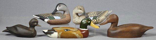 Group of Five Duck Decoys , consisting of a modern Gree: Group of Five Duck Decoys , consisting of a modern Greenhead; a natural finish example; a Grebe from Belize; and a pair of male and female Mallards by Laurent Verdin, from the Collection of Charles Fr