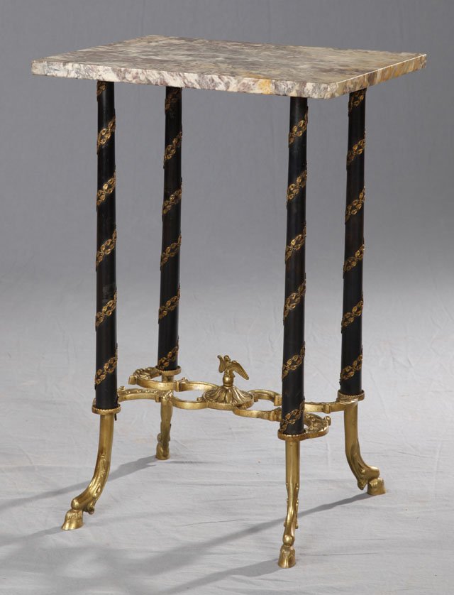 Neo-Classical Style Marble Top Table, 20th c., the high: Neo-Classical Style Marble Top Table, 20th c., the highly figured violette marble on four ebonized ormolu mounted tapered supports, joined by a bronze scrolled X-form stretcher, the whole on bronze ho