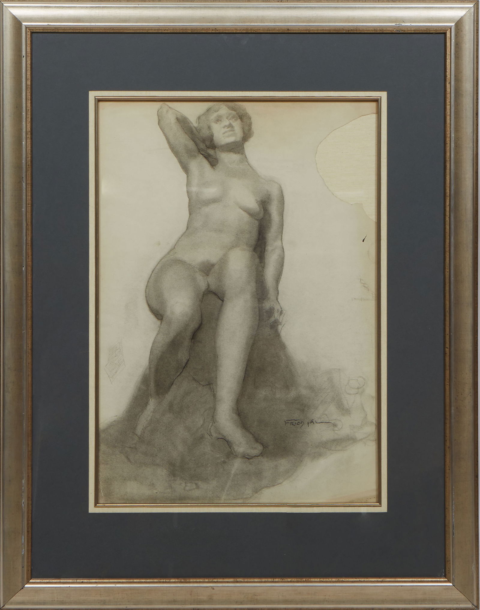 Pal Fried (Hungarian/American, 1893-1976), "Study of a Nude (possibly Persephone)," 20th c., H.- 23: Pal Fried (Hungarian/American, 1893-1976), "Study of a Nude (possibly Persephone)," 20th c., charcoal on paper, signed "Fried Pal" lower right, presented in a painted chrome frame, H.- 23 1/2 in., W.-