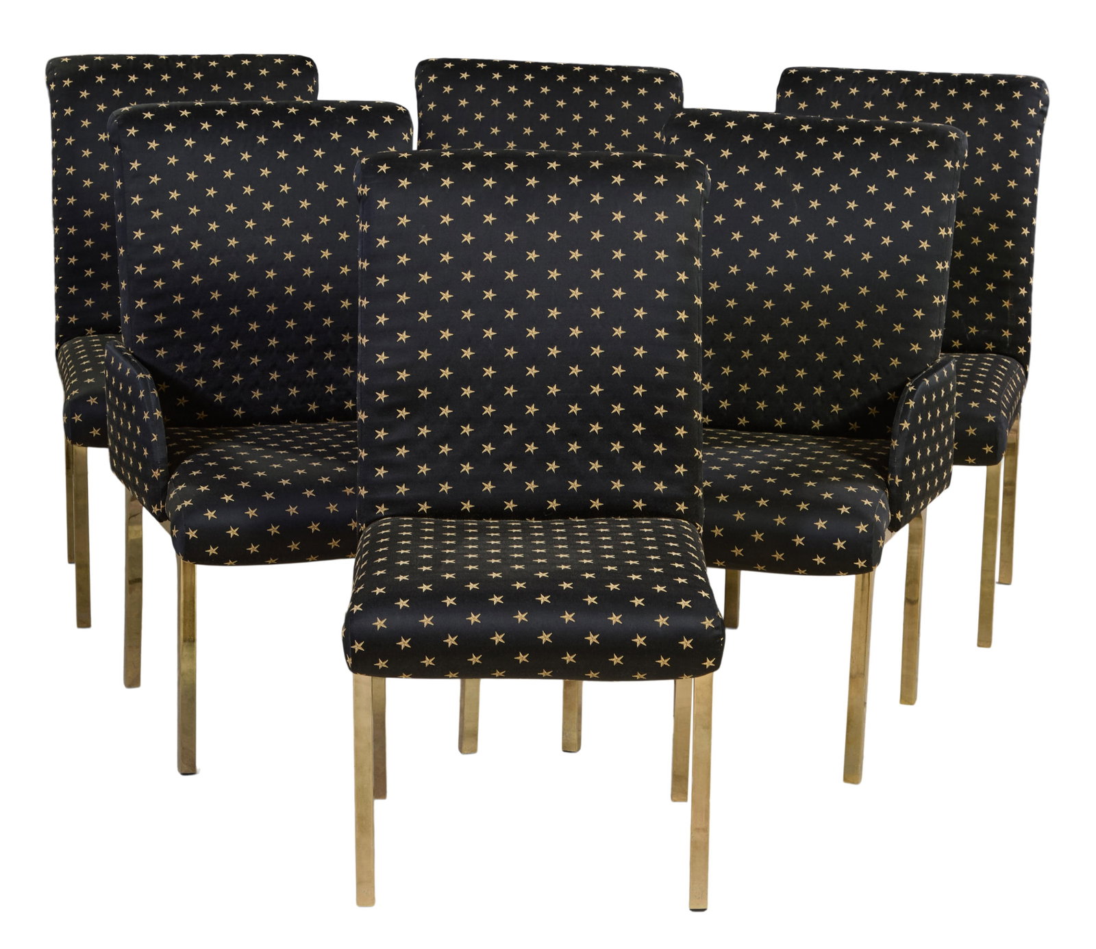 Six Modern Star Upholstery Chairs, 21st c., Arm- H.- 38 in., W.- 21 in., D.- 24 in.; Side- H.- 38: Six Modern Star Upholstery Chairs, 21st c., consisting of two arm chairs and four side chairs, square tubular brass legs, Arm- H.- 38 in., W.- 21 in., D.- 24 in.; Side- H.- 38 in., W.- 21 in., D.- 24