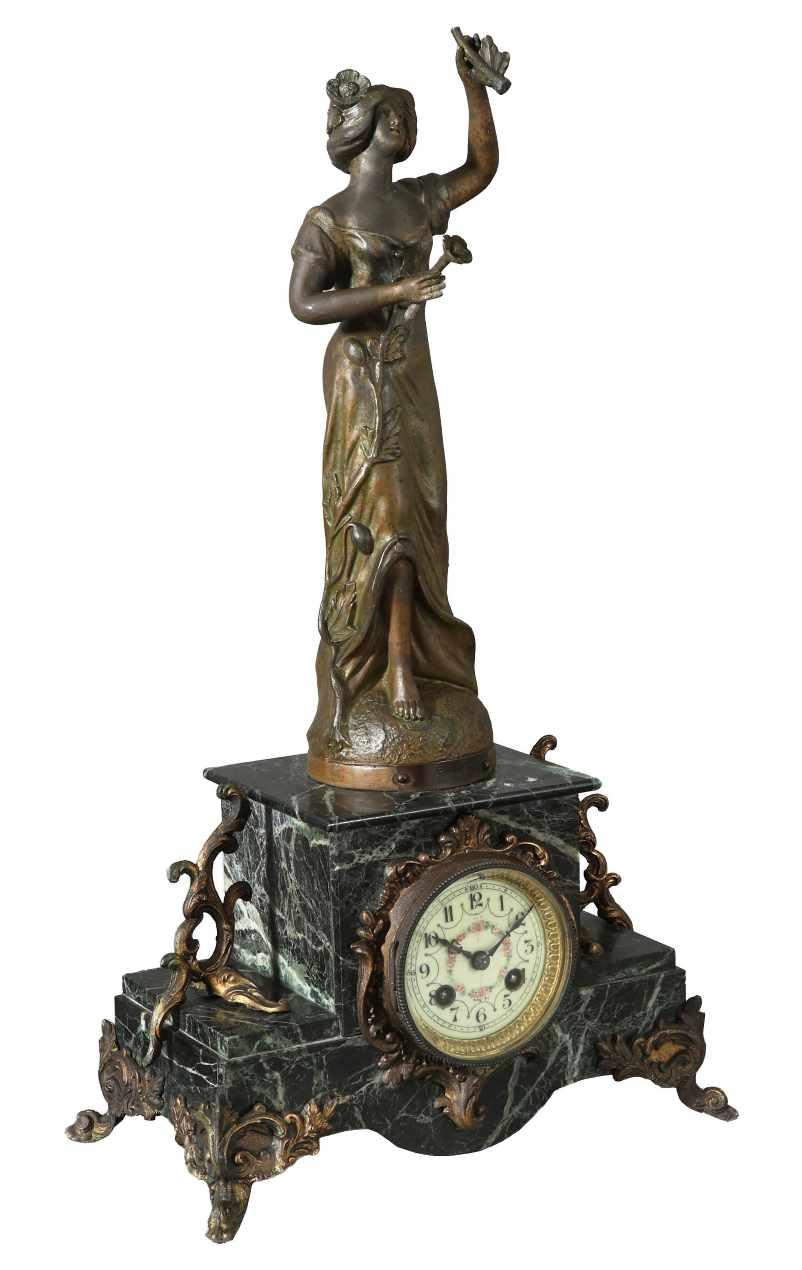 Napoleon III Bronze end Figured Black Marble Time and Strike Mantel Clock, circa 1870, H.- 21 1/4 (1 of 5)