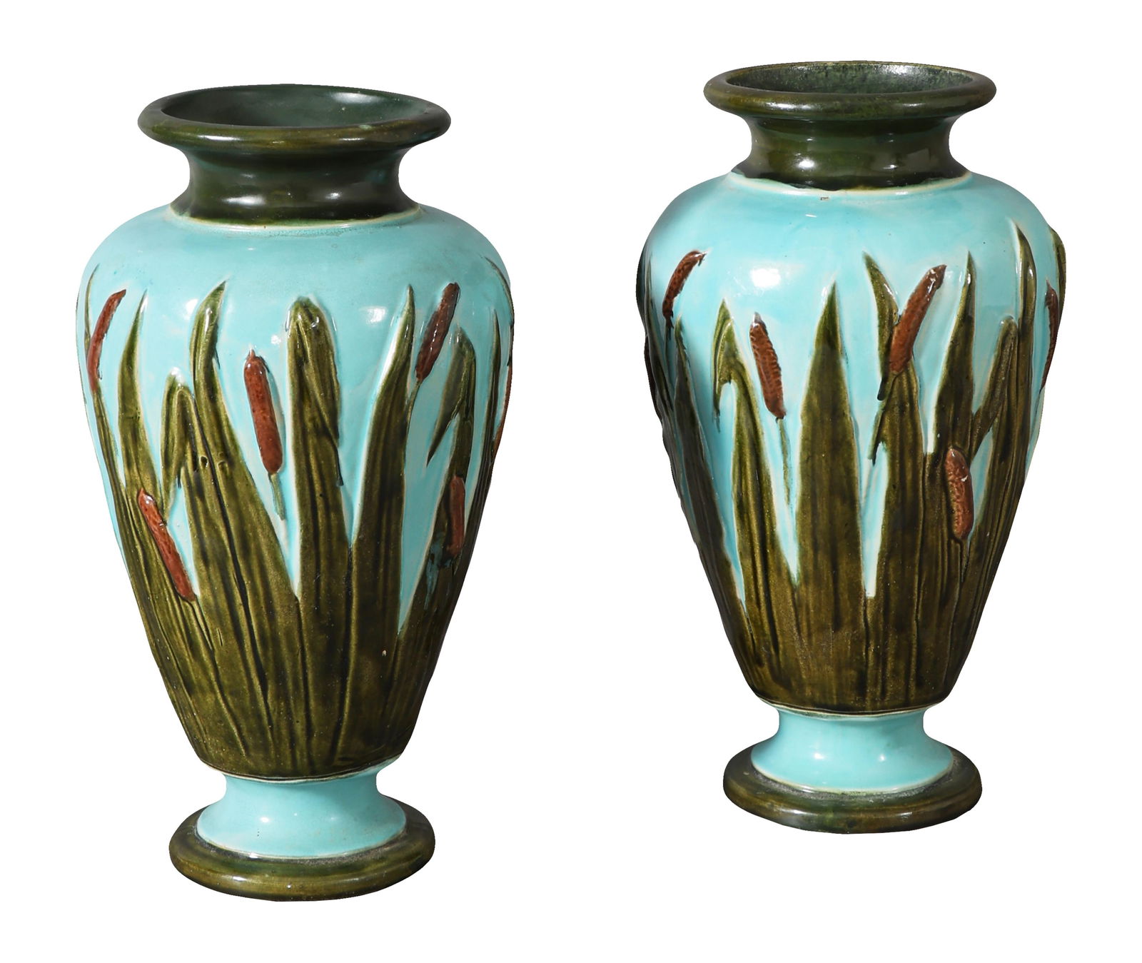 Pair of French Glazed Earthenware Urns, early to mid 20th c., H.- 12 1/2 in., Dia.- 7 in. (2 Pcs.): Pair of French Glazed Earthenware Urns, early to mid 20th c., the baluster form vessels with blue ground, and relief cat tail and leaf decoration, H.- 12 1/2 in., Dia.- 7 in. (2 Pcs.)