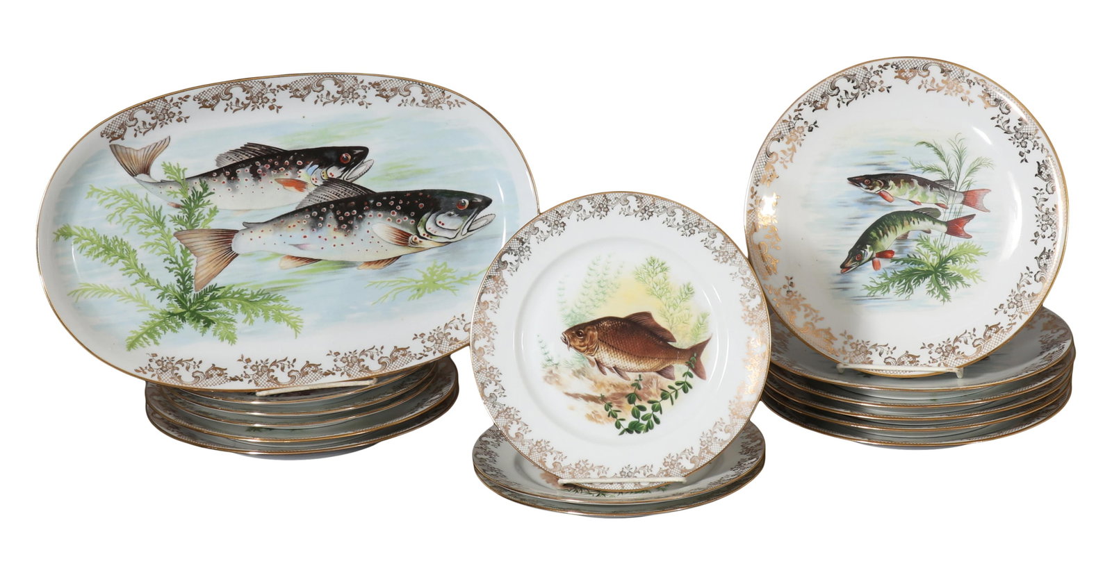 Fifteen Piece French Limoges Porcelain Fish Service, mid 20th c., Platter- H.- 1 in., W.- 14 3/4 (1 of 9)