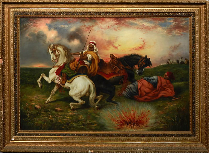 Orientalist School, "Arab on Horseback," 20th c., H.- 35 3/4 in., W.- 53 1/2 in., Framed H.- 47 in., (1 of 4)