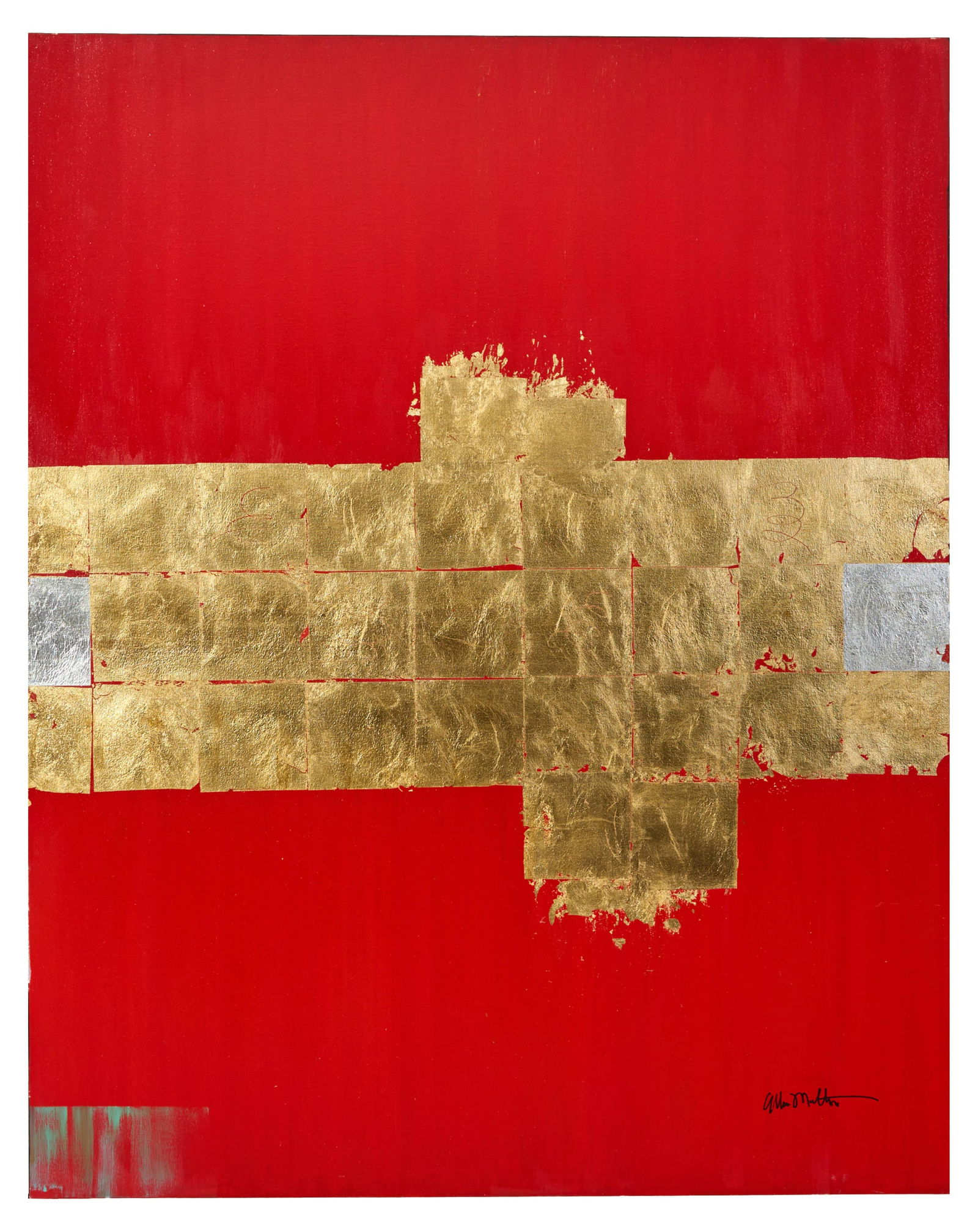 Allen Melton (American/Mississippi, b. 1964), "Red Abstract with Gold and Silver Leaf," H.- 60 in.,: Allen Melton (American/Mississippi, b. 1964), "Red Abstract with Gold and Silver Leaf," acrylic and gold leaf on gallery wrapped canvas, unsigned, unframed, H.- 60 in., W.- 48 in. Provenance: The Esta